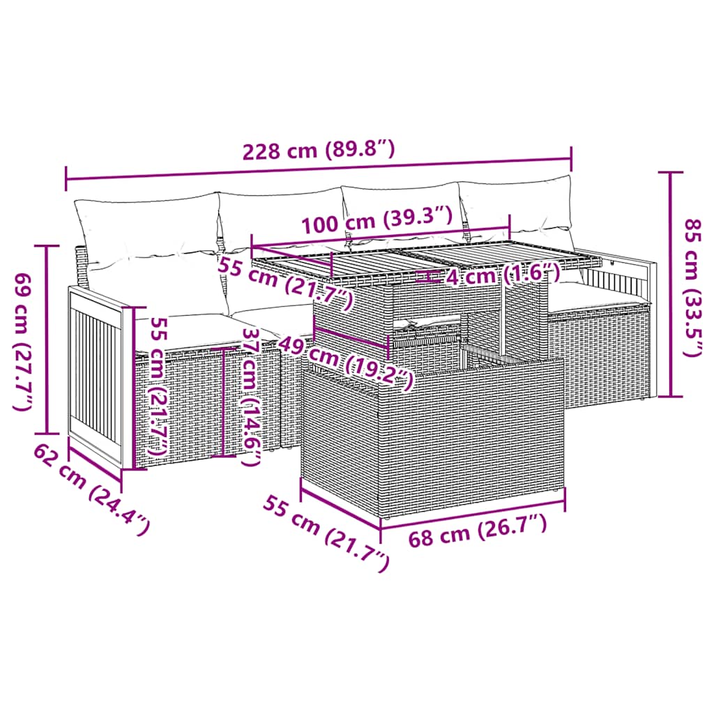 vidaXL 5-delige Loungeset met kussens poly rattan acacia zwart