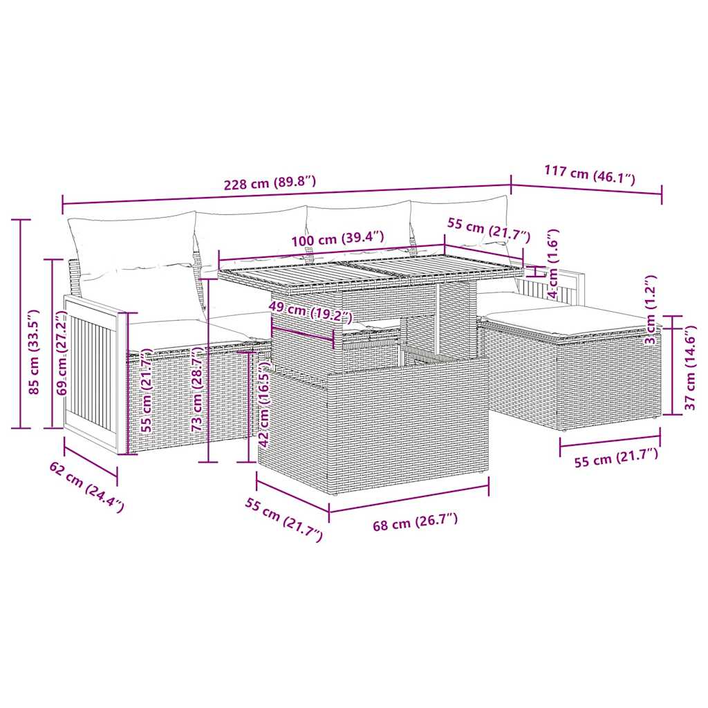 vidaXL 6-delige Loungeset met kussens poly rattan acacia zwart