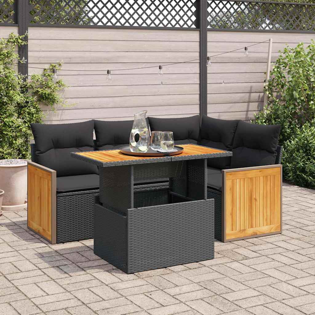 vidaXL 5-delige Loungeset met kussens poly rattan zwart