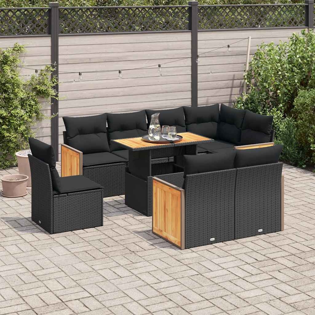 vidaXL 9-delige Loungeset met kussens poly rattan zwart