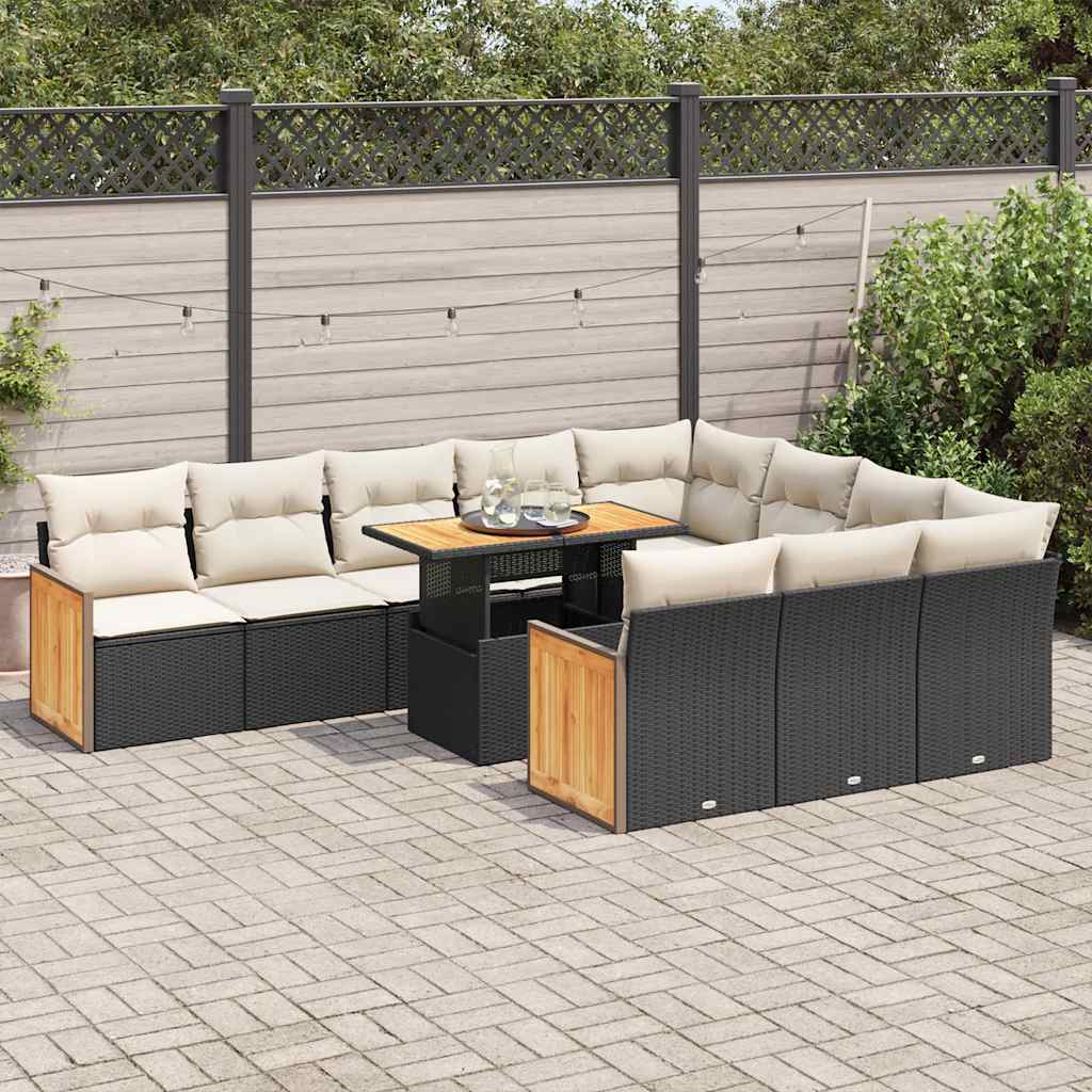vidaXL 11-delige Loungeset met kussens poly rattan acacia zwart