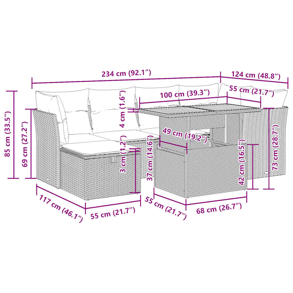 vidaXL 7-delige Loungeset met kussens poly rattan acacia bruin