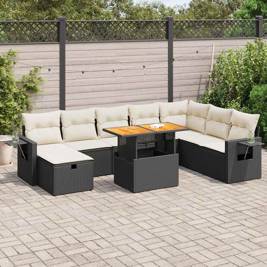 vidaXL 9-piece Poly Rattan Lounge Set with Cushions Black