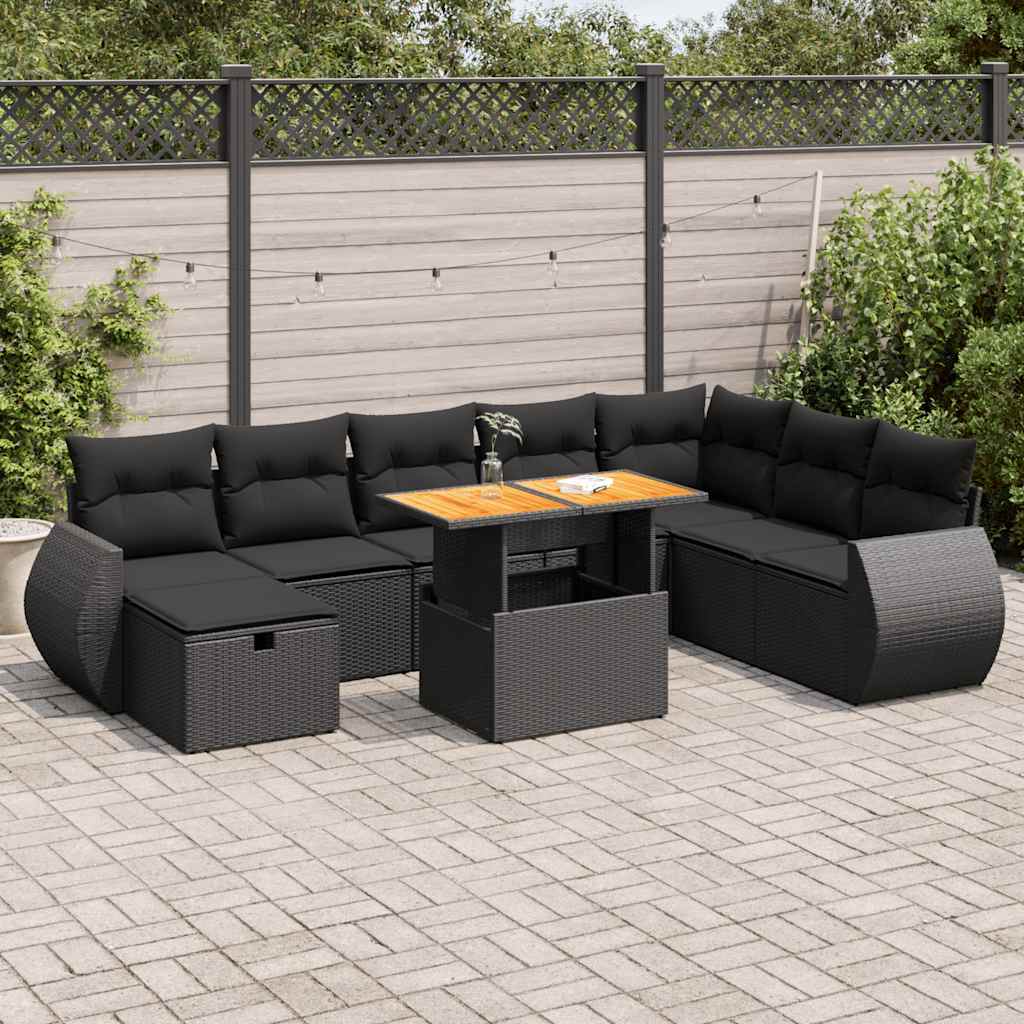 vidaXL 9-delige Loungeset met kussens poly rattan zwart