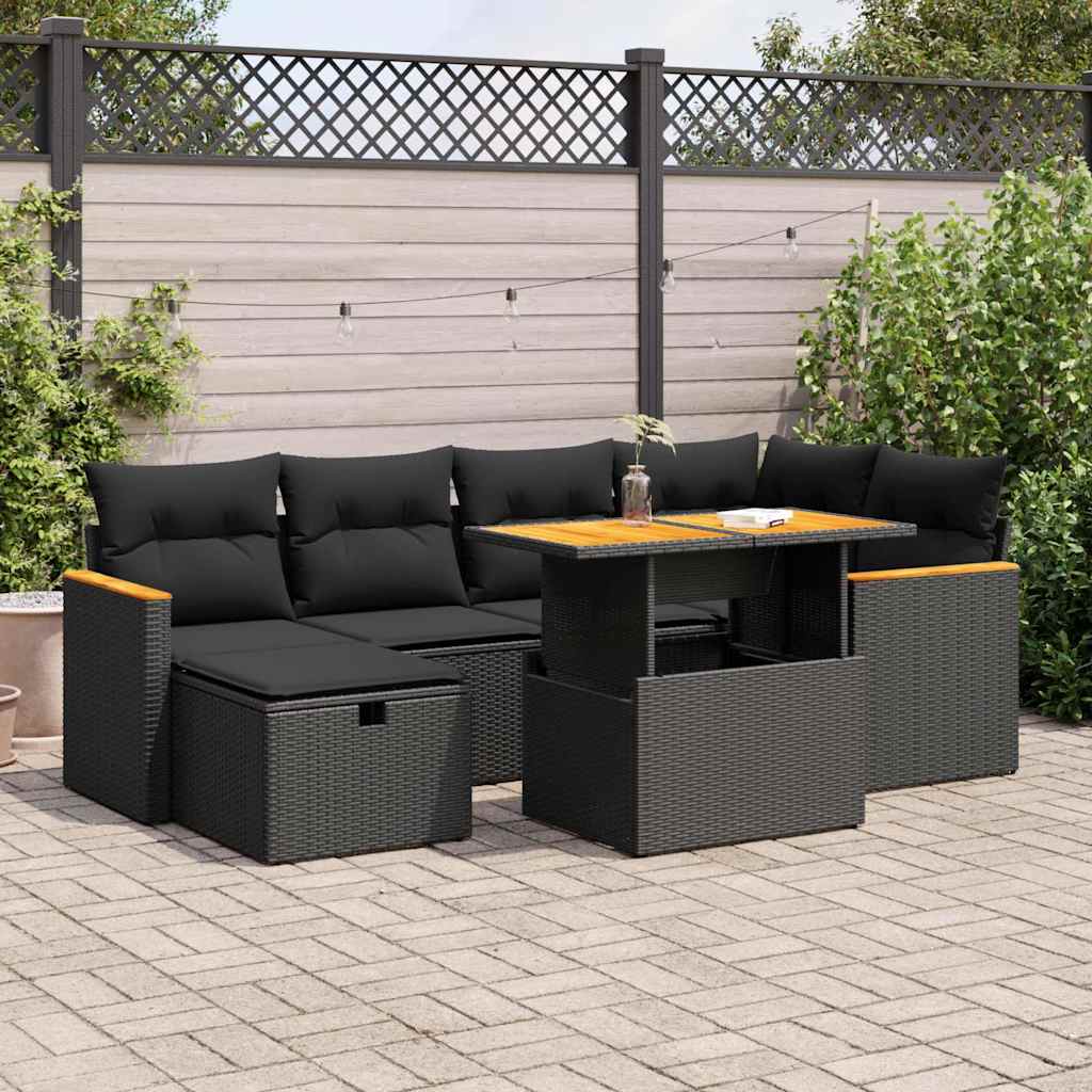 vidaXL 7-delige Loungeset met kussens poly rattan zwart