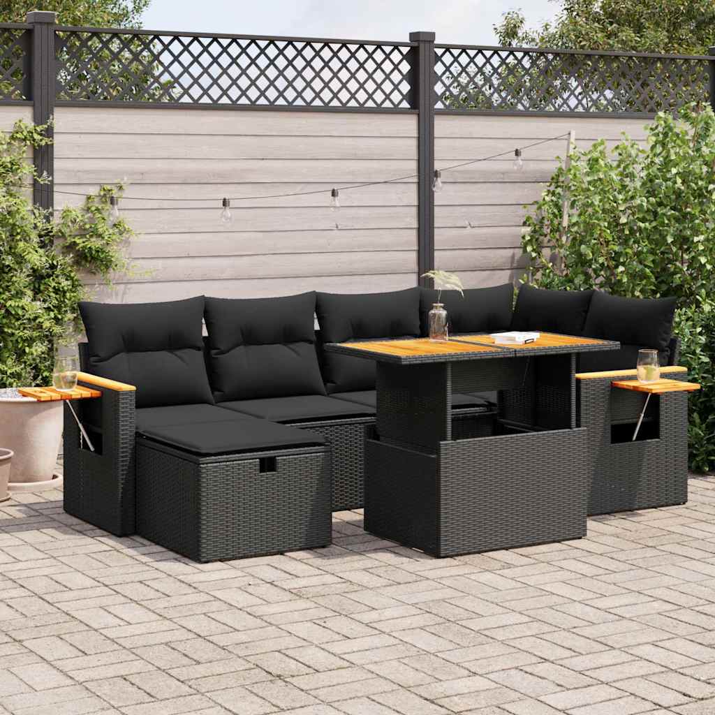 vidaXL 7-delige Loungeset met kussens poly rattan zwart