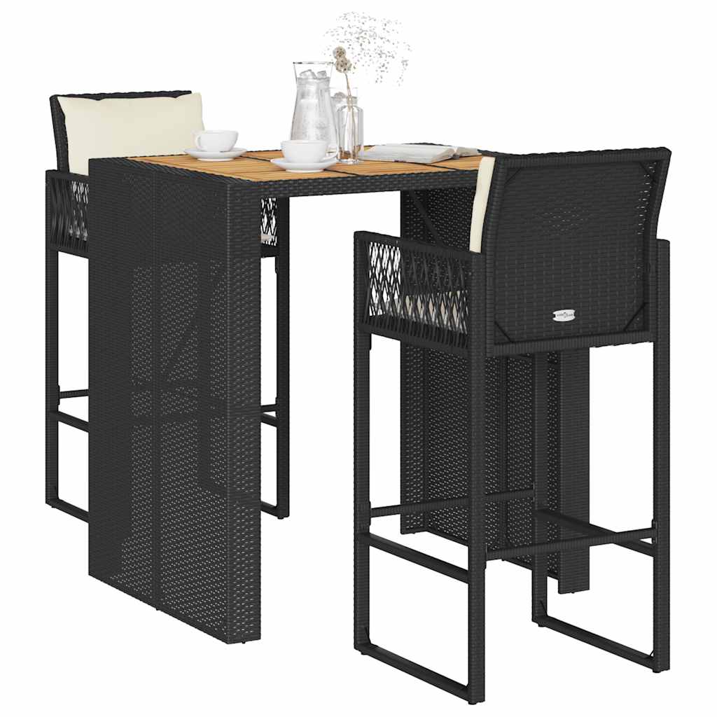 vidaXL 3-Piece Garden Bar Set with Cushions Poly Rattan Acacia Black