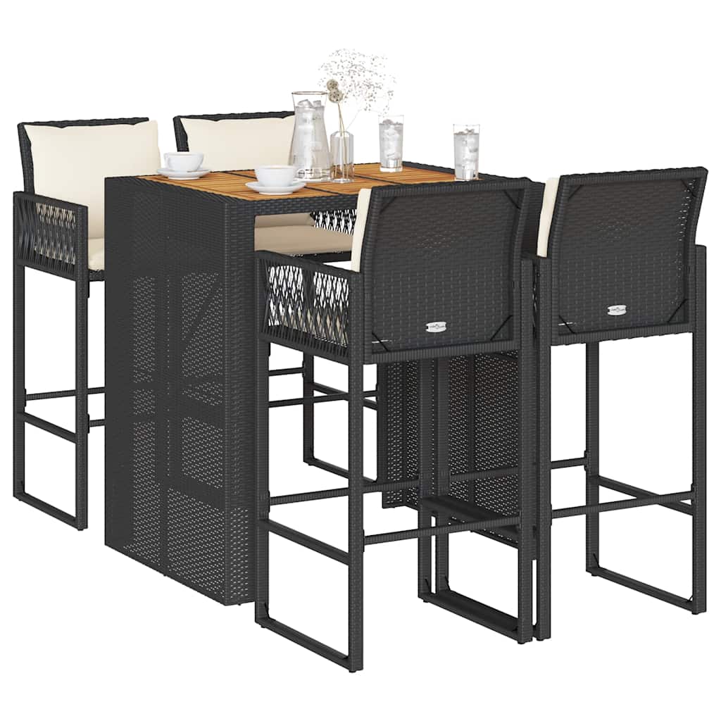 vidaXL 3-Piece Garden Bar Set with Cushions Poly Rattan Acacia Black