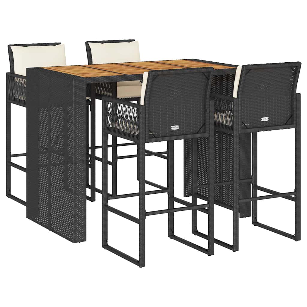vidaXL 3-Piece Garden Bar Set with Cushions Poly Rattan Acacia Black
