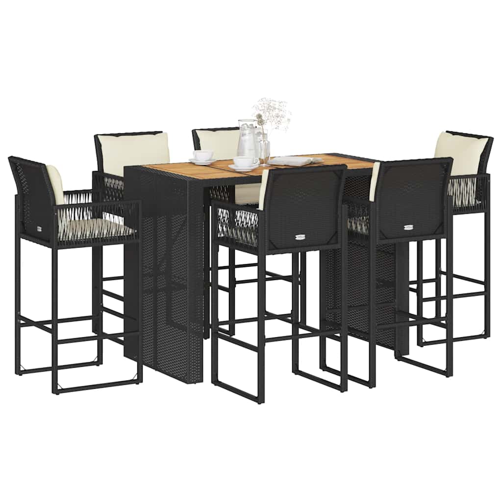 vidaXL 3-Piece Garden Bar Set with Cushions Poly Rattan Acacia Black