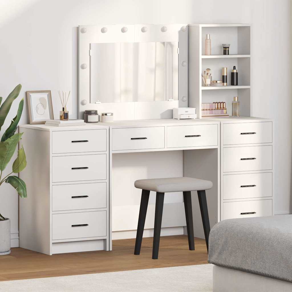 vidaXL Kaptafel met spiegellichten met lade 3 pcs Wit Bewerkt hout