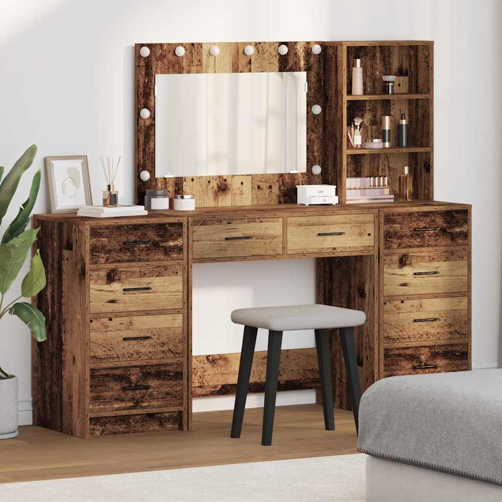 vidaXL Kaptafel met spiegellichten met lade 3 pcs Wit Bewerkt hout