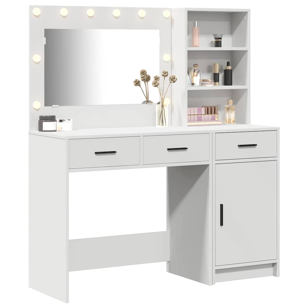 vidaXL Dressing Table with Mirror Lights with Drawer 2 pcs White Engineered Wood