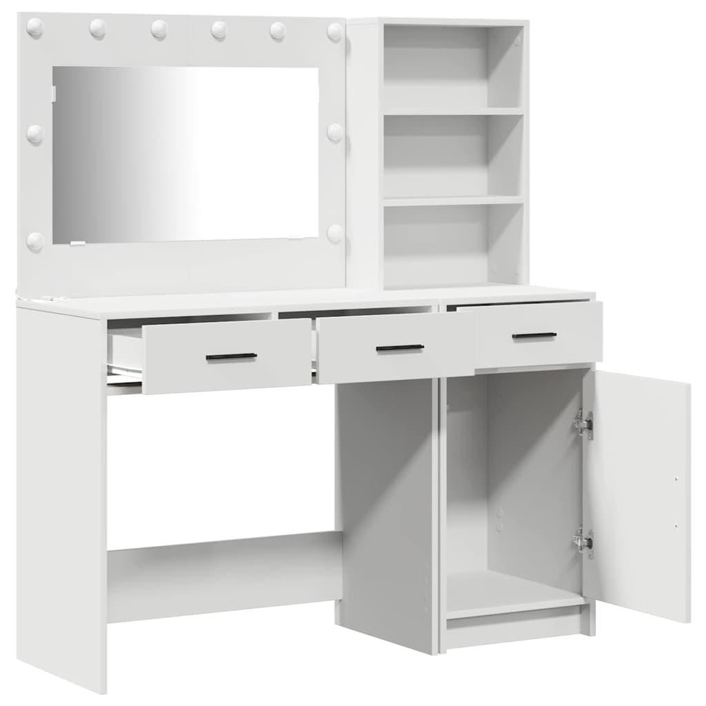vidaXL Dressing Table with Mirror Lights with Drawer 2 pcs White Engineered Wood