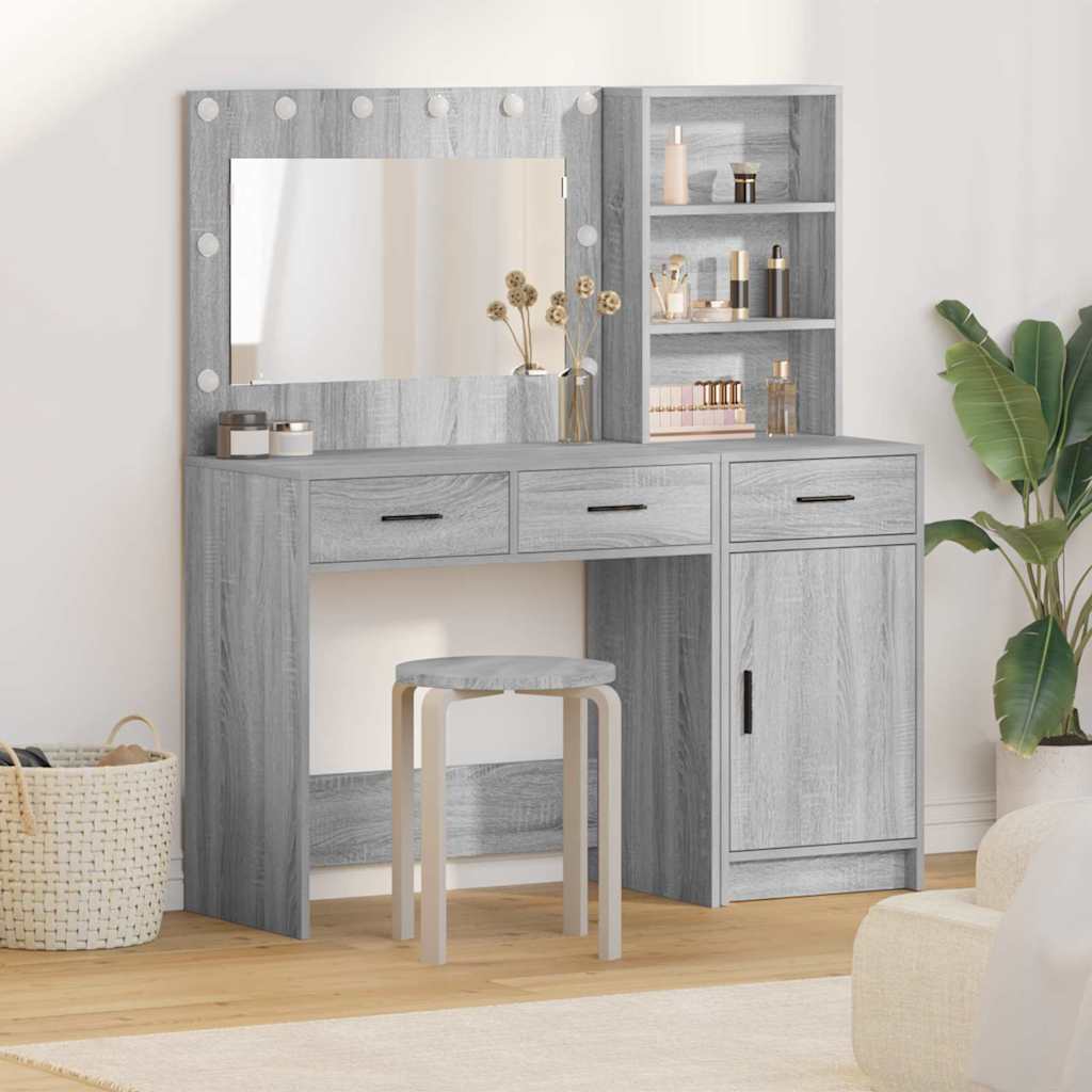 vidaXL Dressing Table with Mirror Lights with Drawer 2 pcs White Engineered Wood