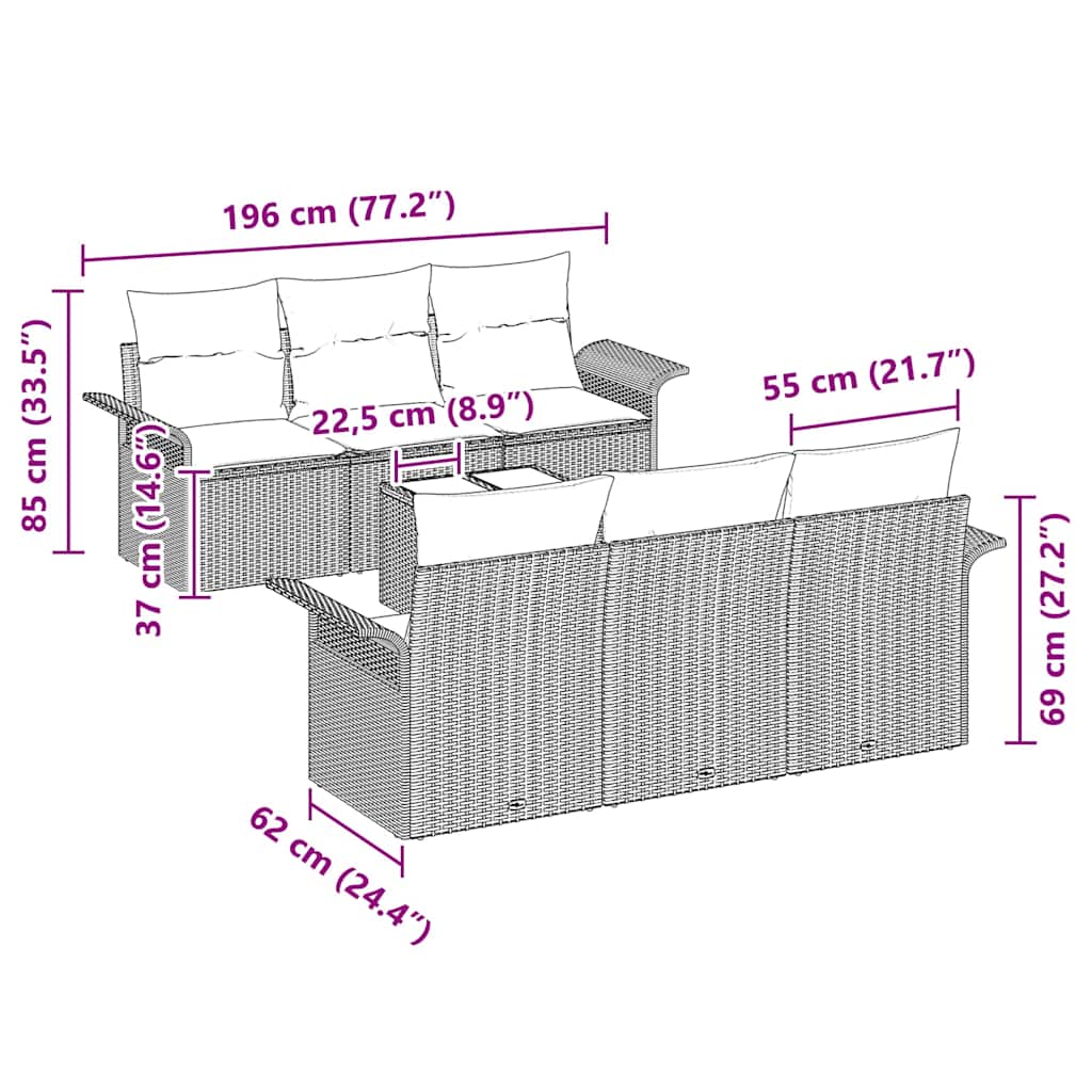 vidaXL Tuinbank Set met kussen 7 pcs Zwart poly rattan