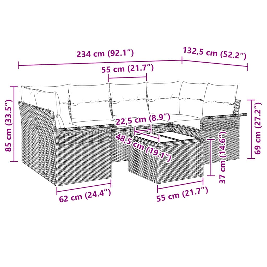 vidaXL Tuinbank Set met kussen 7 pcs Zwart poly rattan