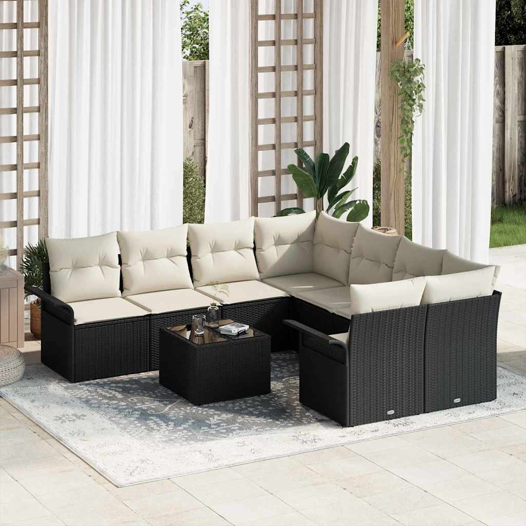vidaXL Tuinbank Set 9 pcs Zwart Poly rattan