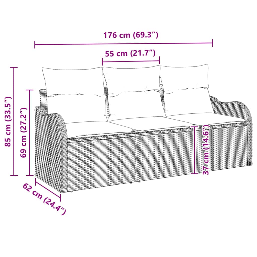 vidaXL Tuinbank Set met kussen 3 pcs Zwart poly rattan