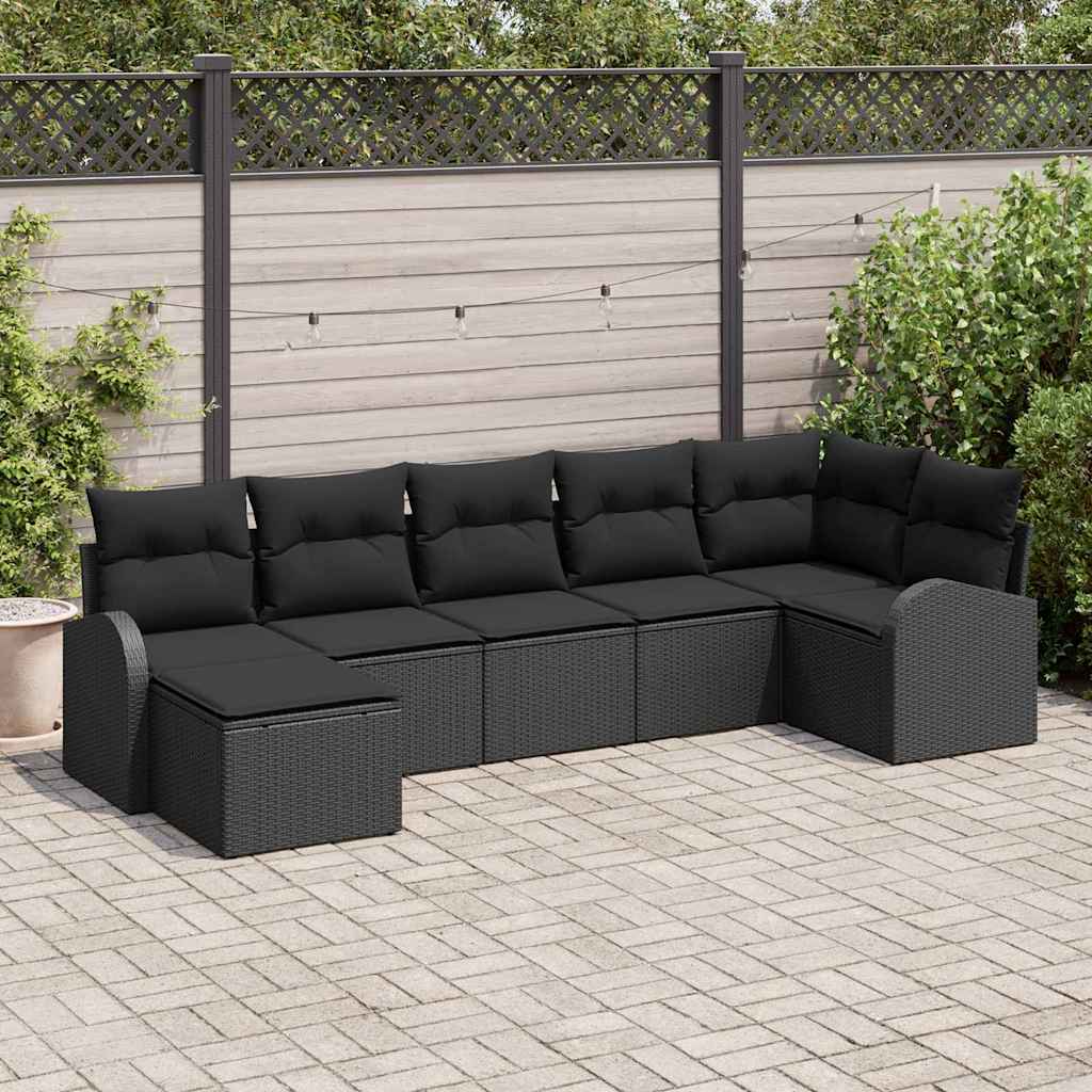 vidaXL Tuinbank Set met kussen 7 pcs Zwart Poly rattan