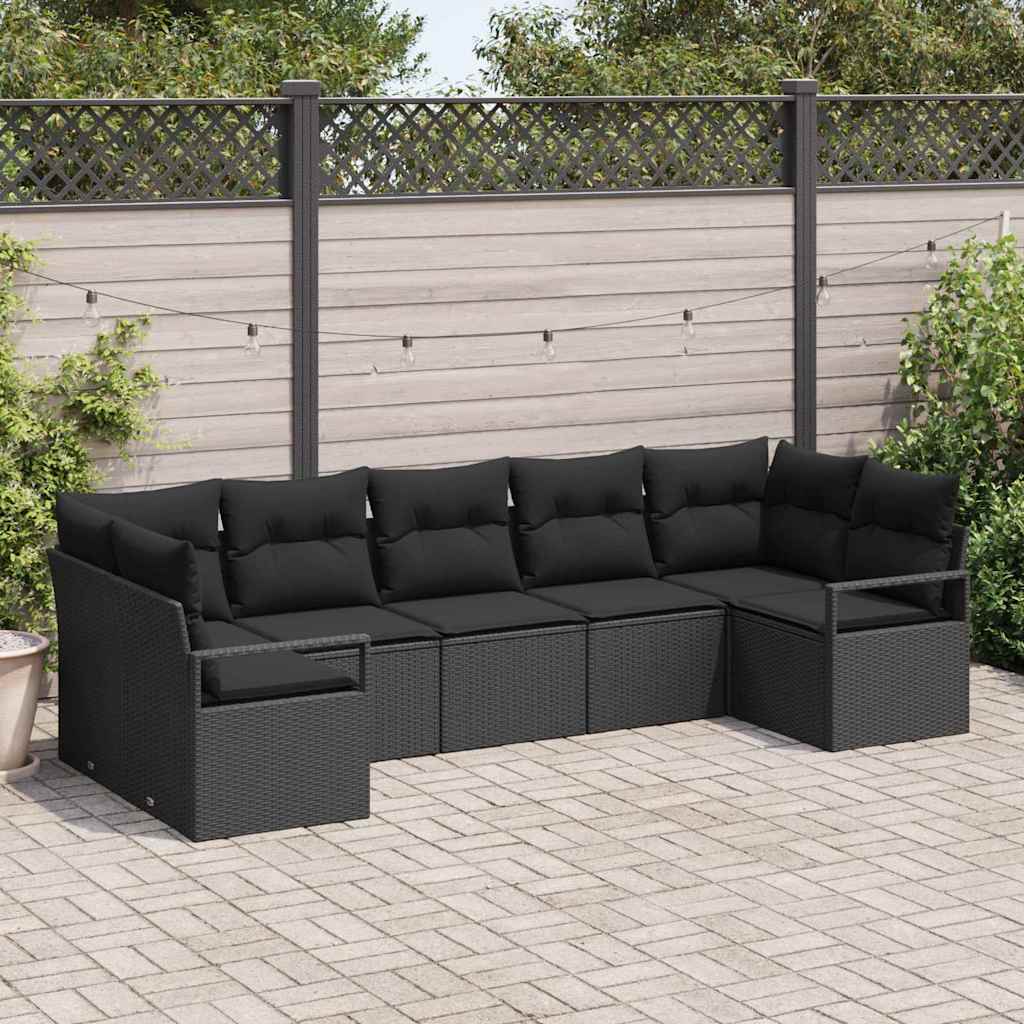 vidaXL Sofa Set with Cushions 7 pcs Black Poly Rattan