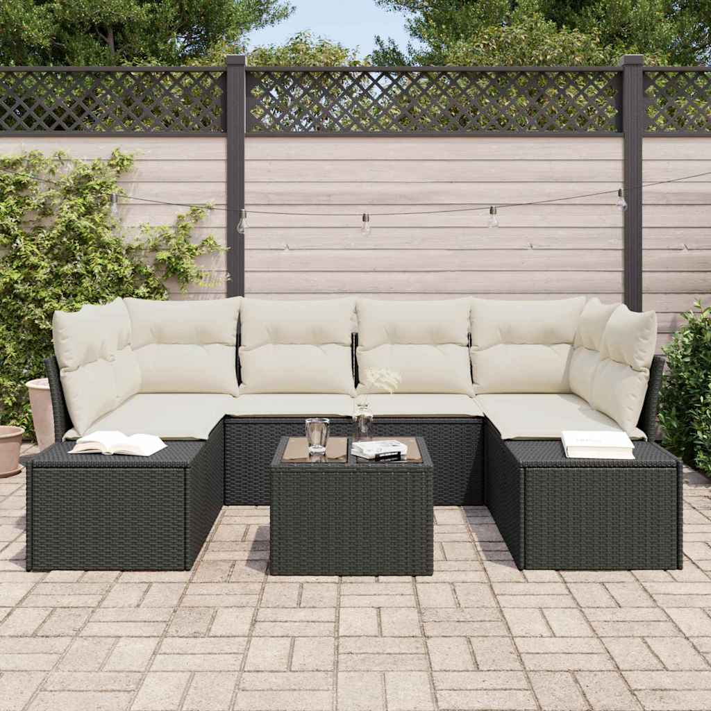vidaXL Tuinbank Set met kussen 7 pcs Zwart poly rattan
