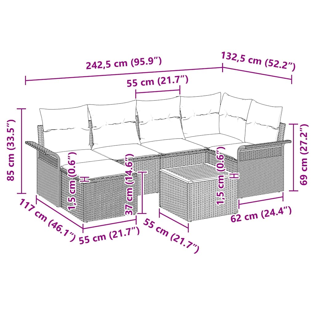 vidaXL Tuinbank Set met kussen 7 pcs Zwart poly rattan