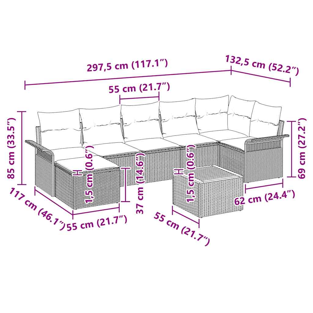 vidaXL Tuinbank Set met kussen 8 pcs Zwart poly rattan