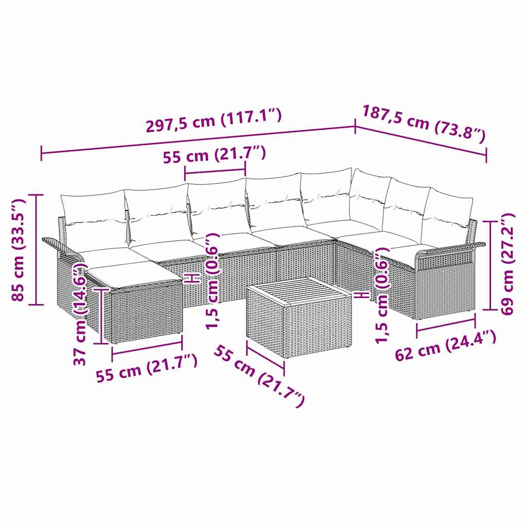 vidaXL Tuinbank Set met kussen 9 pcs Zwart poly rattan