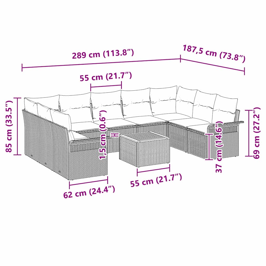 vidaXL Tuinbank Set met kussen 10 pcs Zwart poly rattan