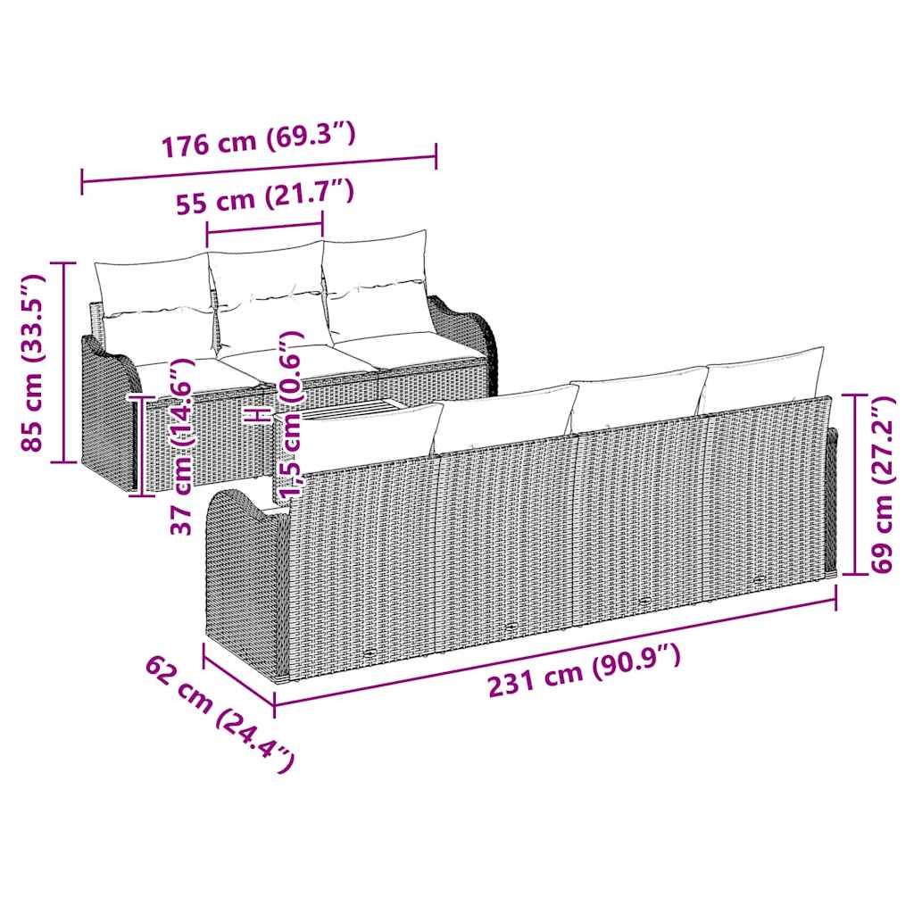 vidaXL Tuinbank Set met kussen 8 pcs Zwart poly rattan