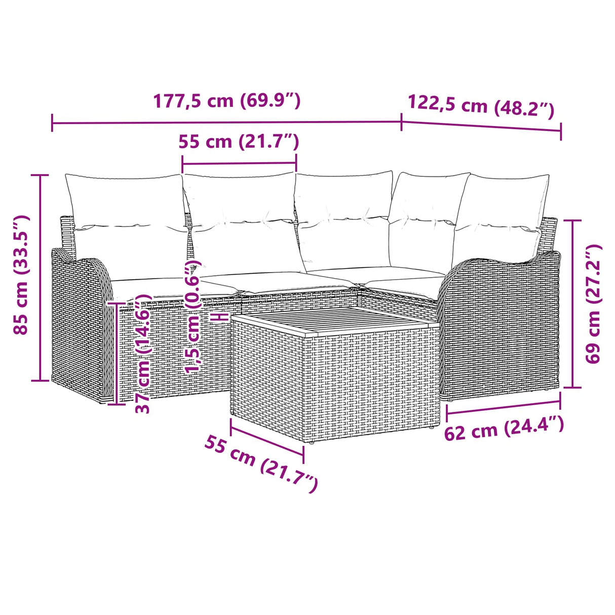 vidaXL Garden Lounge Set 5 pcs Grey poly rattan