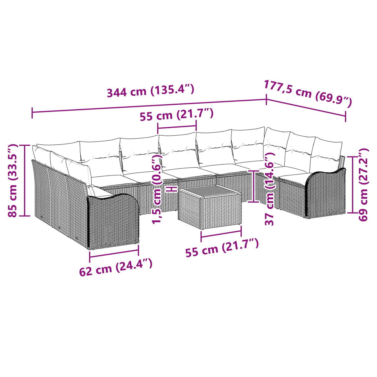 vidaXL Tuinbank Set 11 st Grijs poly rattan
