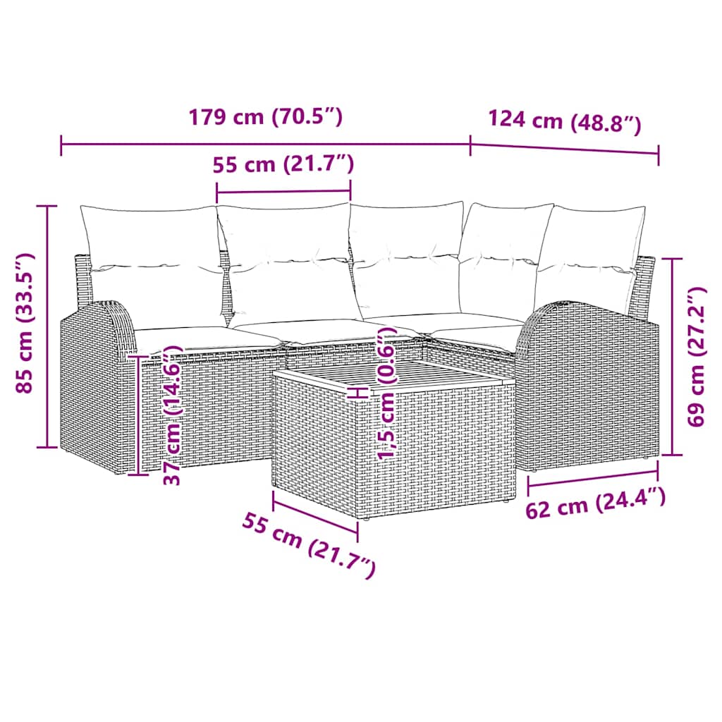 vidaXL Tuinbank Set met kussen 5 pcs Zwart poly rattan