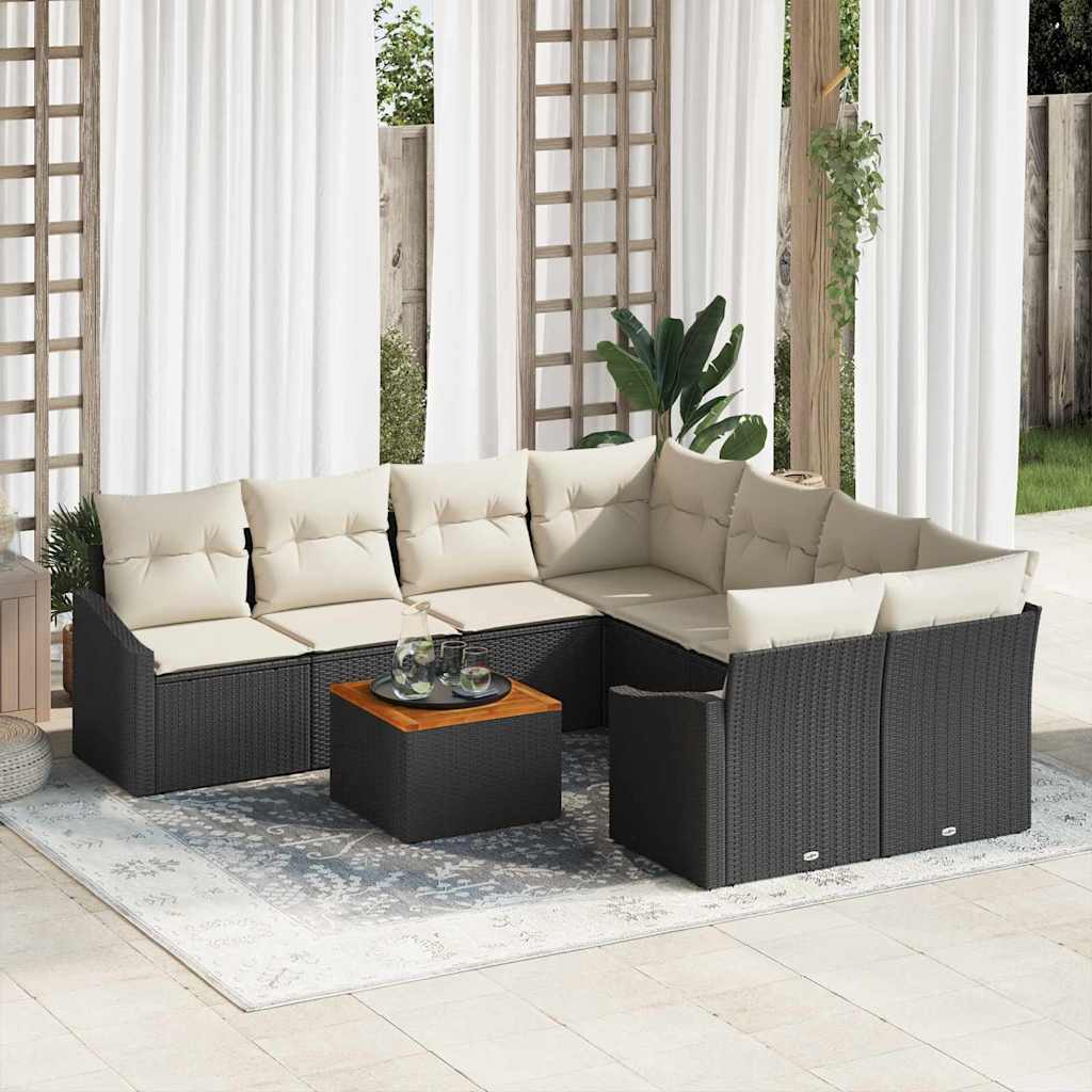 vidaXL Tuinbank Set met kussen 9 pcs Zwart poly rattan