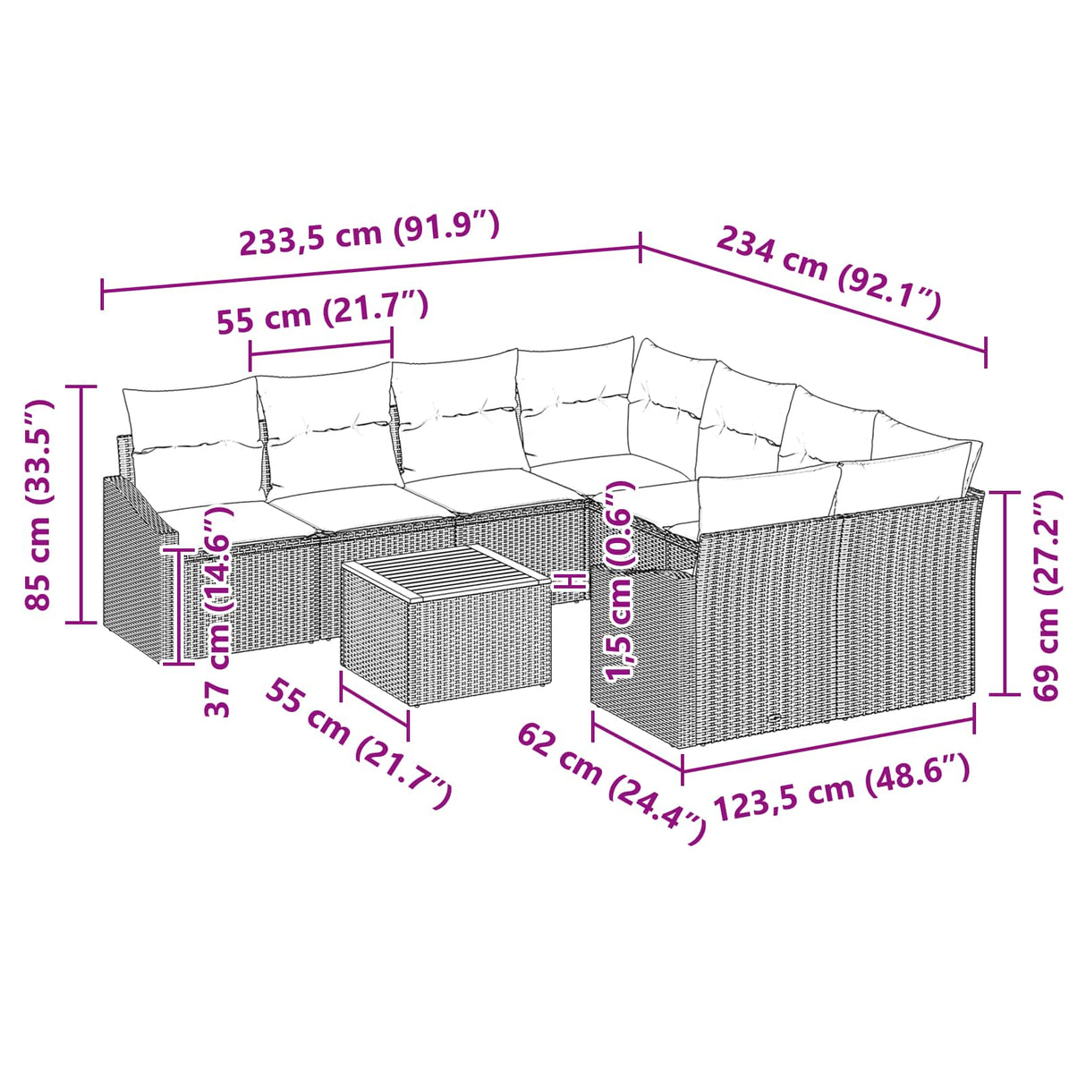 vidaXL Tuinbank Set met kussen 9 pcs Zwart poly rattan