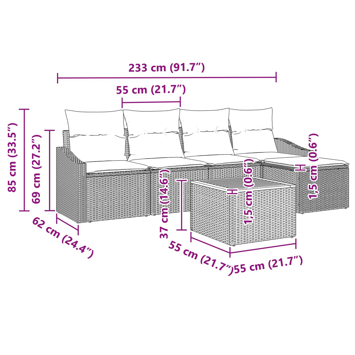 vidaXL Tuinbank Set met kussen 6 pcs Zwart poly rattan