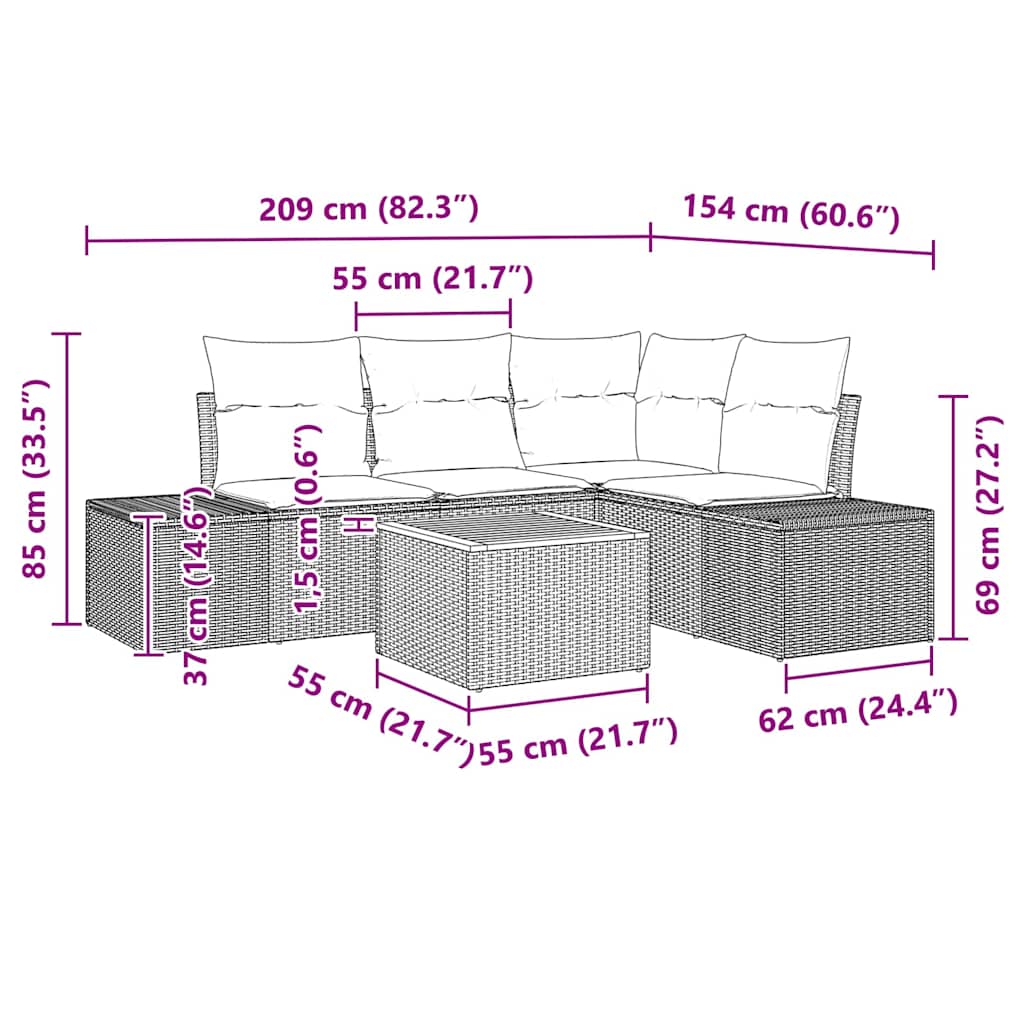 vidaXL Tuinbank Set met kussen 5 pcs Zwart poly rattan