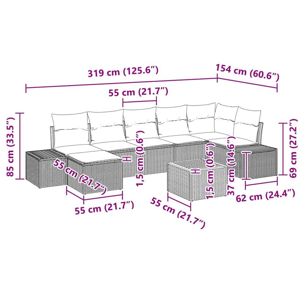 vidaXL Tuinbank Set met kussen 8 pcs Zwart poly rattan