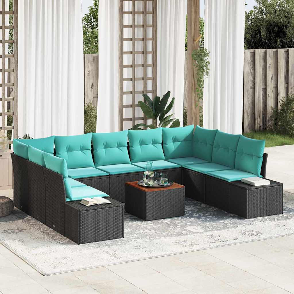 vidaXL Tuinbank Set met kussen 10 pcs Zwart poly rattan