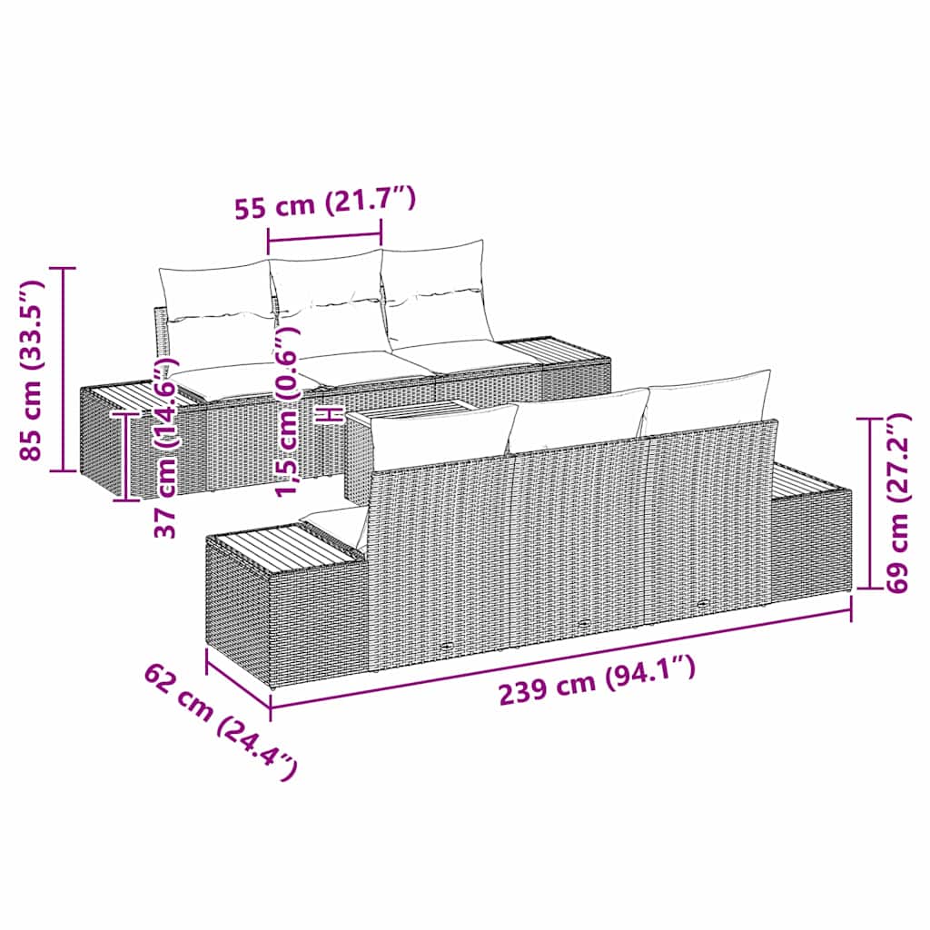 vidaXL Tuinbank Set met kussen 7 pcs Zwart Poly rattan