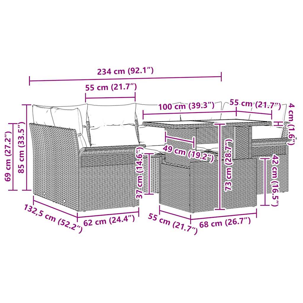 vidaXL Tuinbank Set met kussen 7 pcs Zwart Poly rattan