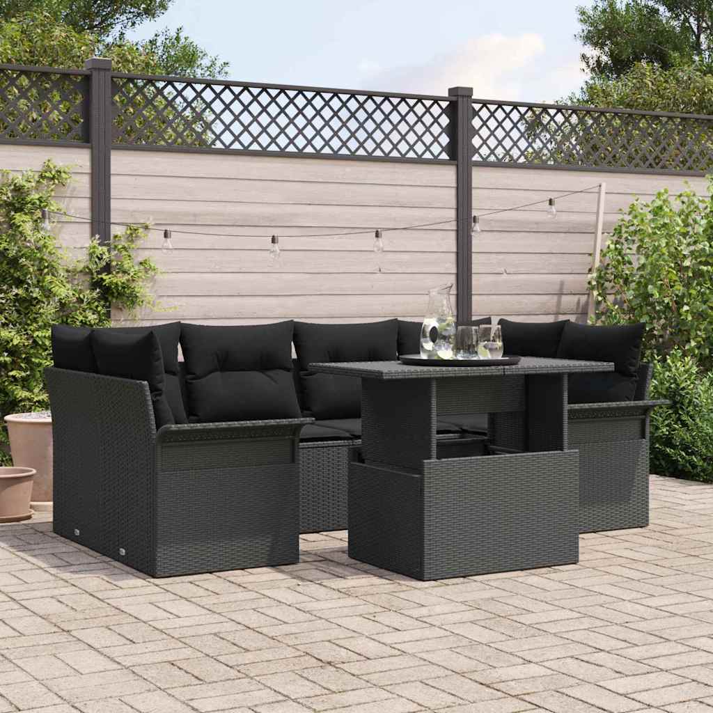 vidaXL Tuinbank Set met kussen 7 pcs Zwart Poly rattan