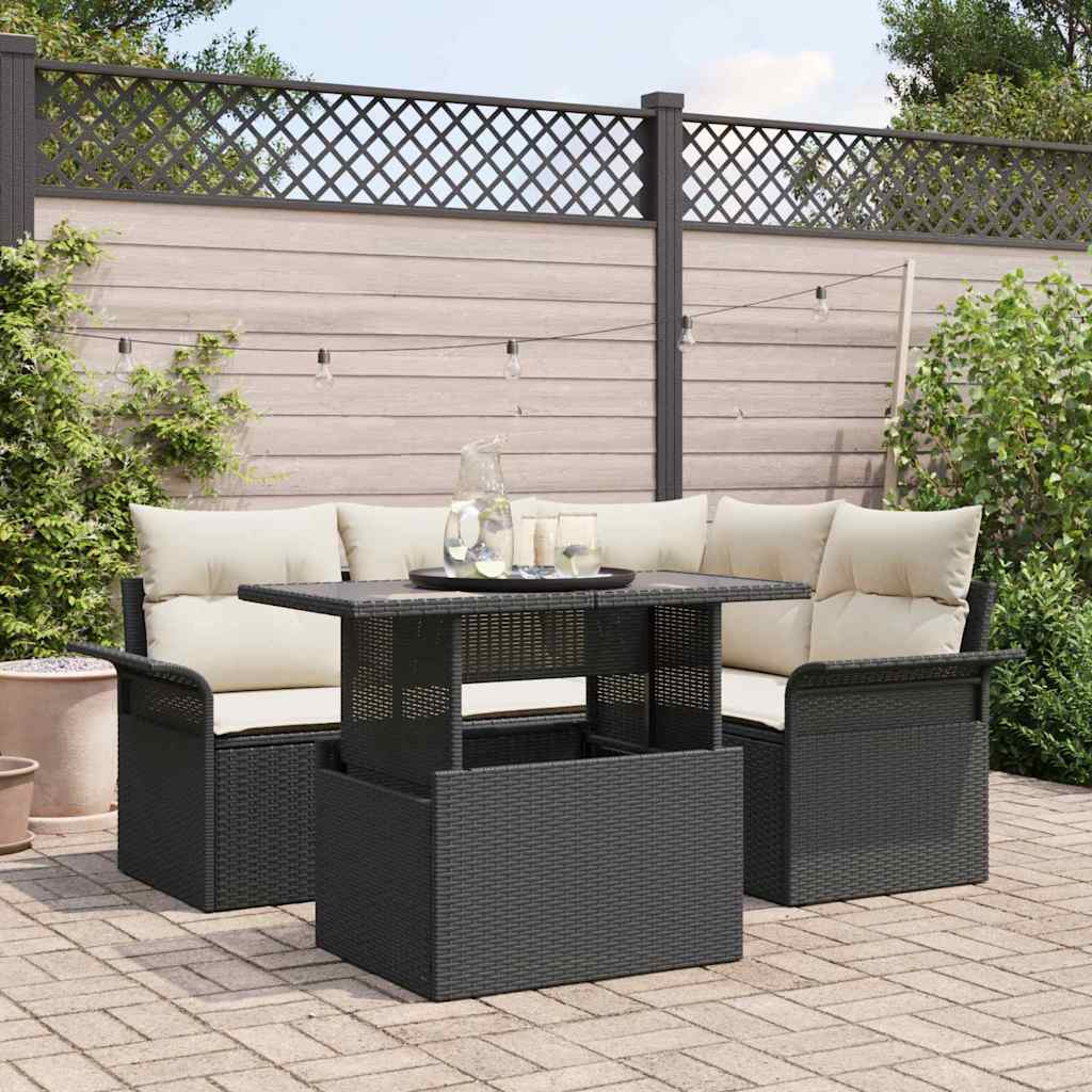vidaXL Tuinbank Set met kussen 5 pcs Zwart Poly rattan