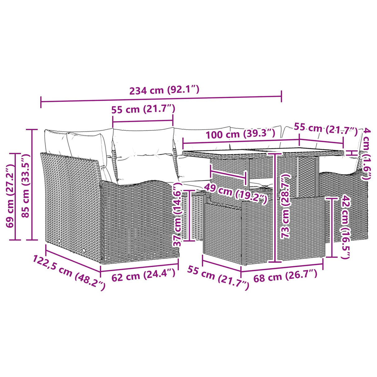 vidaXL Tuinbank Set met kussen 7 pcs Bruin Poly rattan
