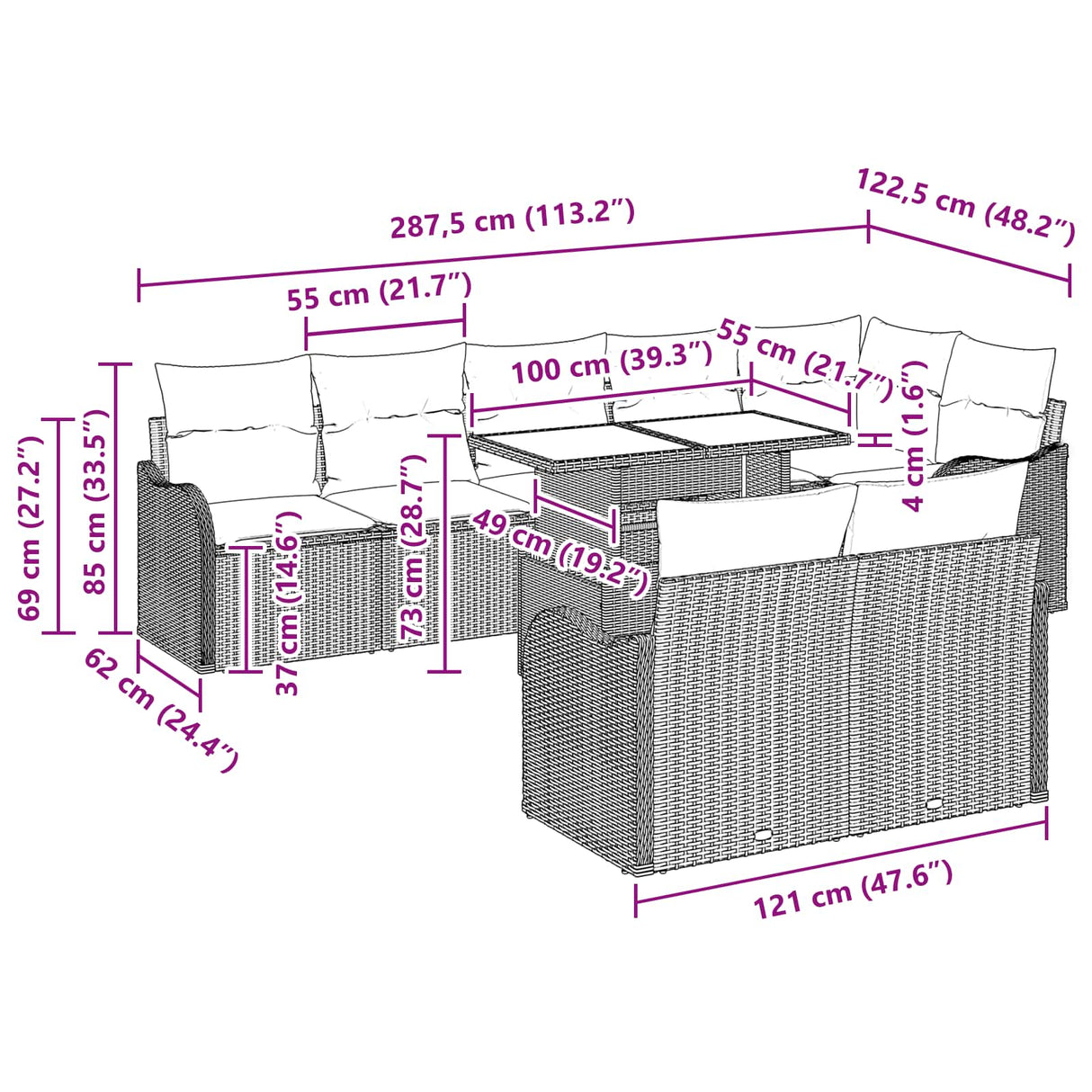 vidaXL Tuinbank Set 9 st Grijs Poly rattan