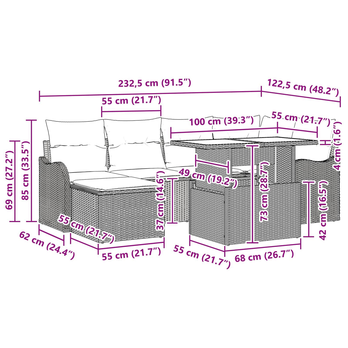 vidaXL Tuinbank Set met kussen 7 pcs Bruin Poly rattan