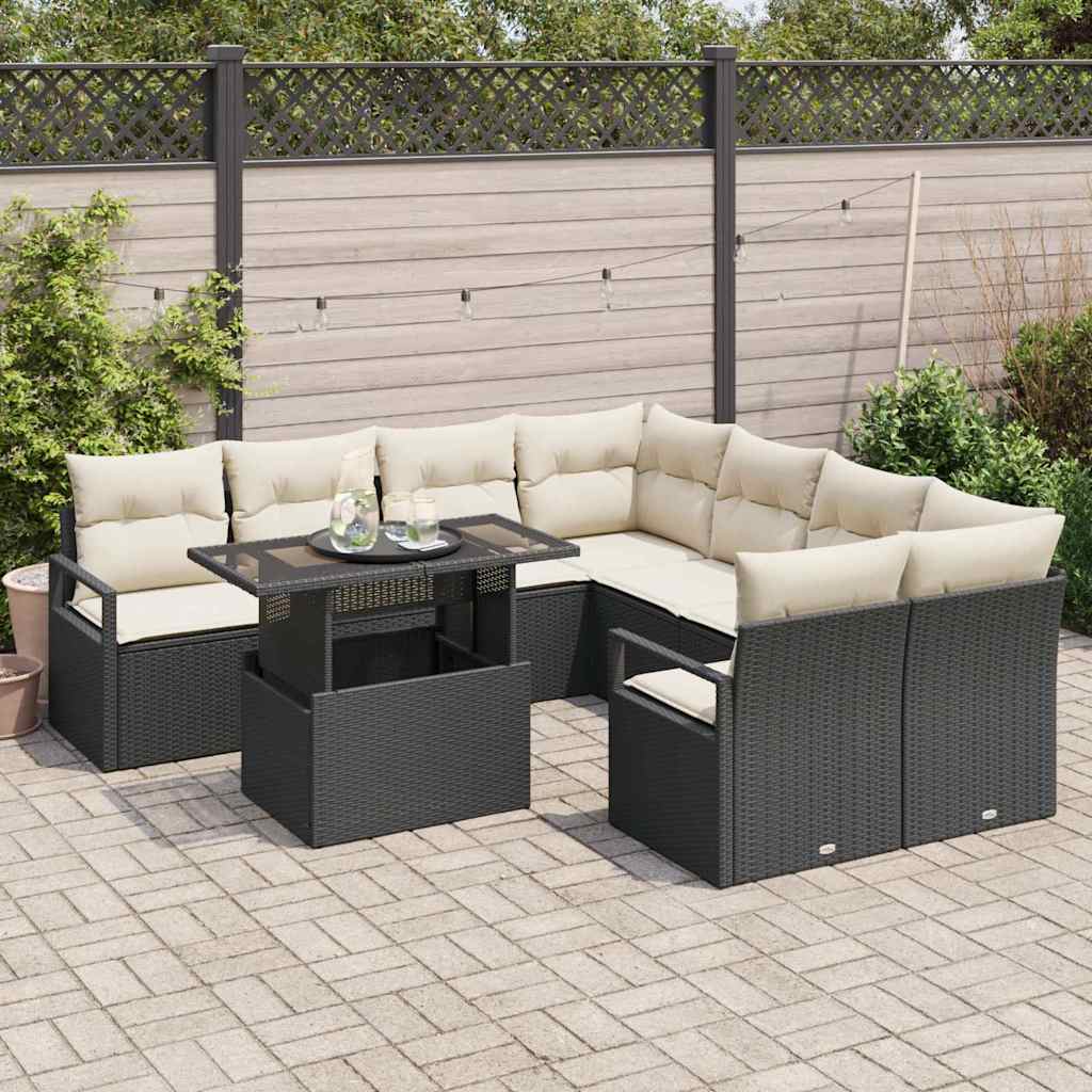 vidaXL Tuinbank Set met opslag 9 pcs Zwart en Crème poly rattan