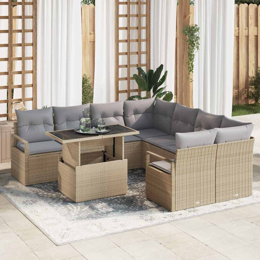 vidaXL Tuinbank Set met opslag 9 pcs Zwart en Crème poly rattan