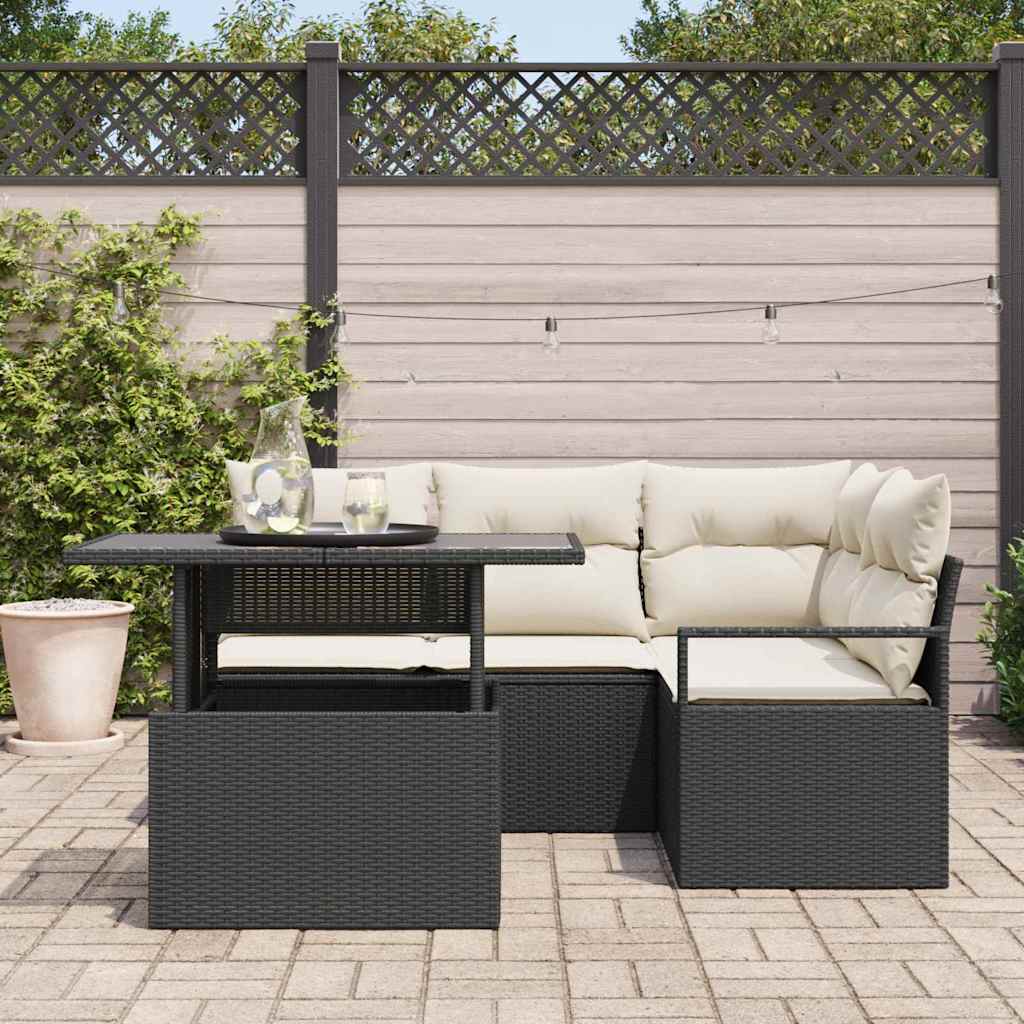 vidaXL Garden Sofa Set with cushions 5 pcs Black and cream poly rattan